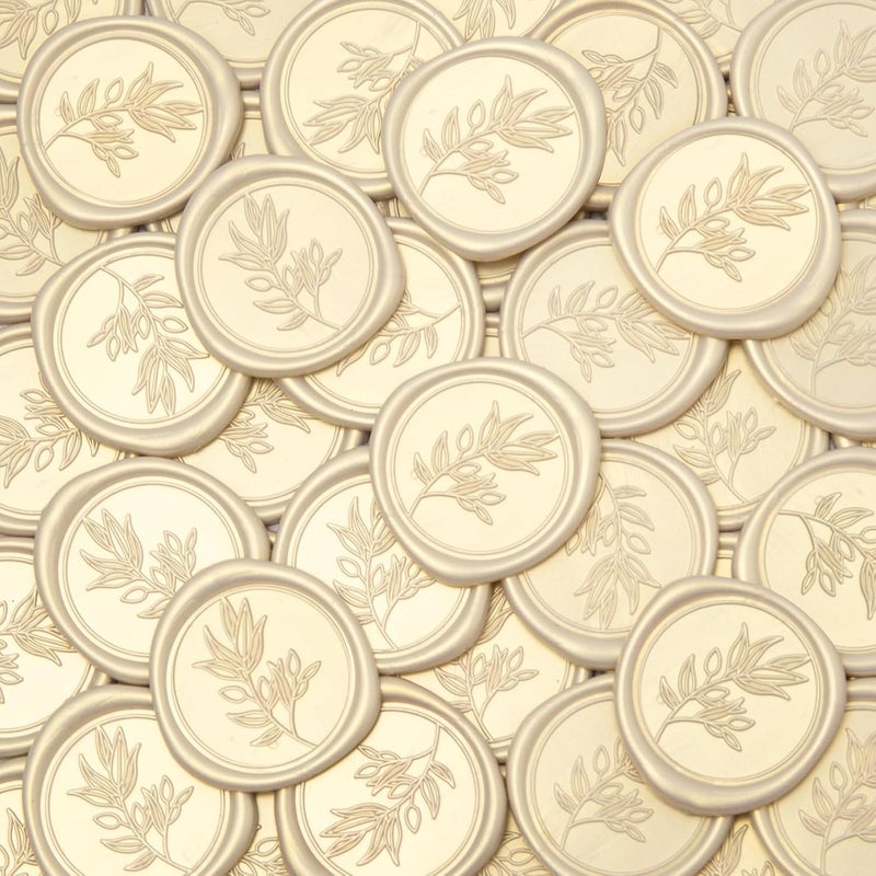 Pilloze 50Pcs Ivory White Self-Adhesive Wax Seal Stickers Wedding, Olive Branch Style Wax Seal Perfect for Wedding Invitation or Envelope Good Adhesion and Easy to Use - Image 1
